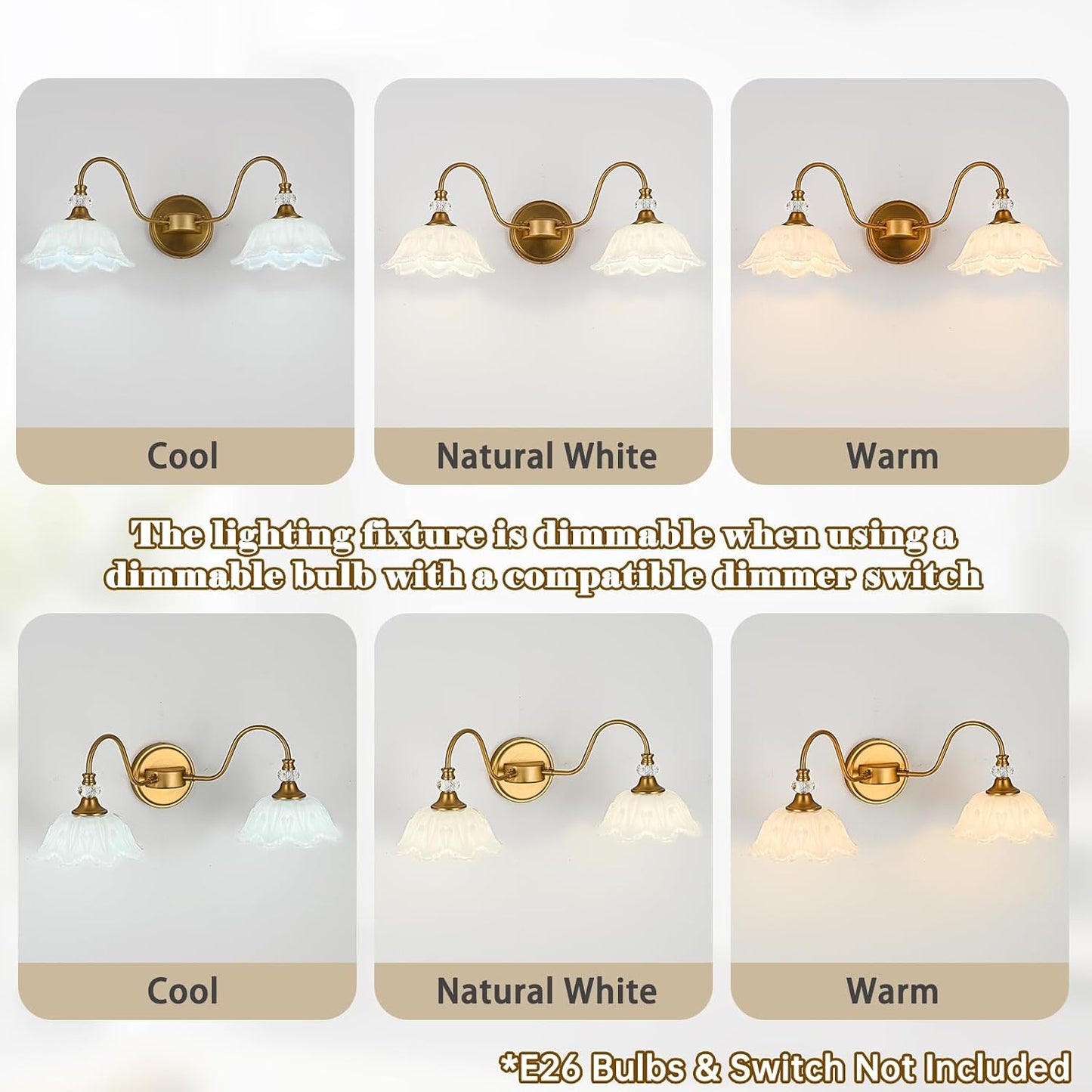Vintage Bathroom Vanity Light, 2-Light Matte Brass Finish Vanity Light with Floral White Glass Shades, Retro Wall Sconce for Bathroom, Dressing Table