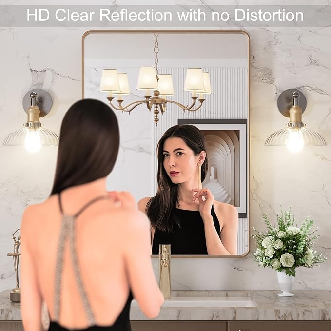 LOAAO 24”X32” Gold Bathroom Mirror, Rounded Rectangle Gold Frame Mirror - Image 2