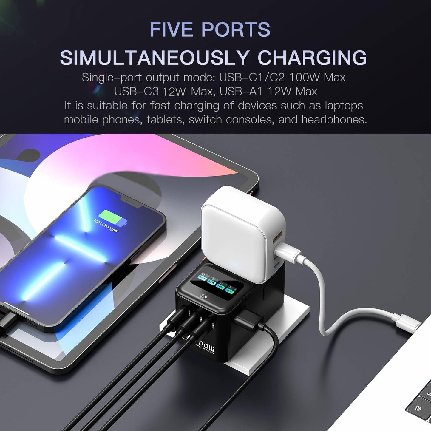 200W GaN Universal Travel Adapter with Smart Display for EU/US/UK | USB-C Fast Charging for MacBook iPhone Laptop, 1AC/3USB-C/1USB-A, International Power Adapter for 200+ Countries Travel