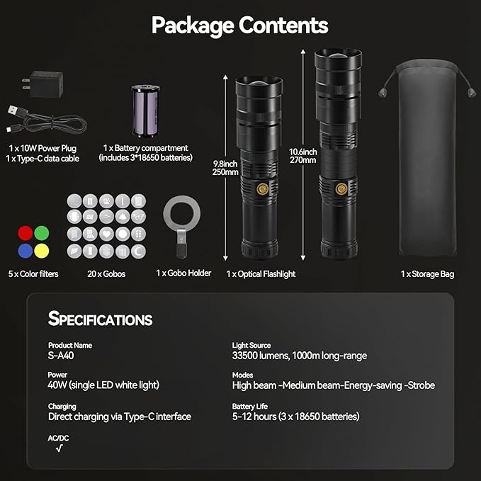 Alluneitter 40W LED Photography Flashlight Aluminum, Professional Imaging Lens - Image 8