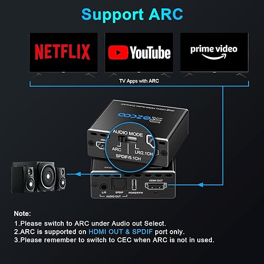 HDMI 2.1 Audio Extractor 4K 120Hz VRR ALLM HDCP2.3 HDR10 ARC Switch 2 in 1 Out - Image 8