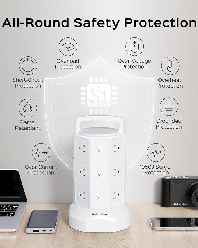 Power Strip Tower Surge Protector, JACKYLED 12 Outlets 6 USB Charging Station - Image 6