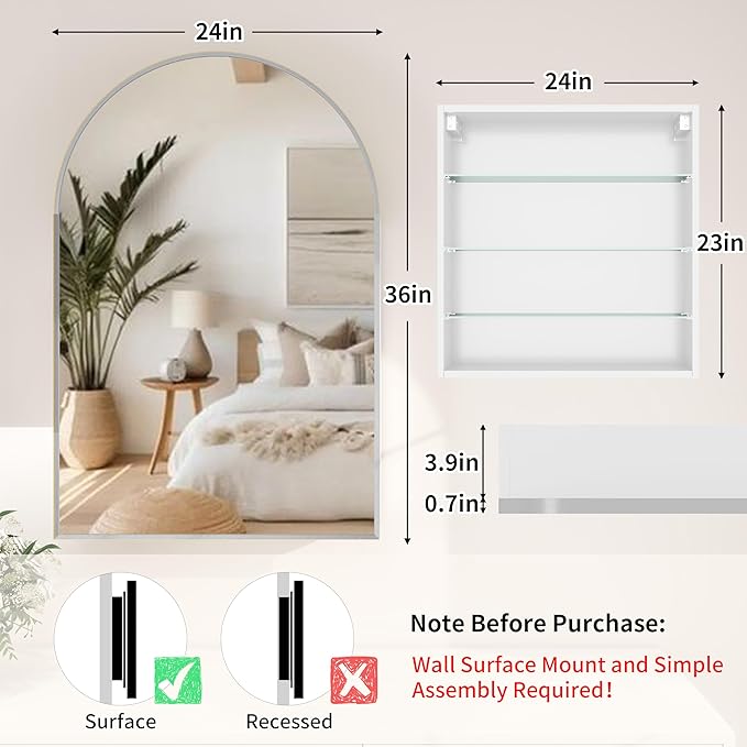 24x36 Inch Arch Bathroom Mirror Medicine, Brushed Silver Wall Mounted Bathroom - Image 2