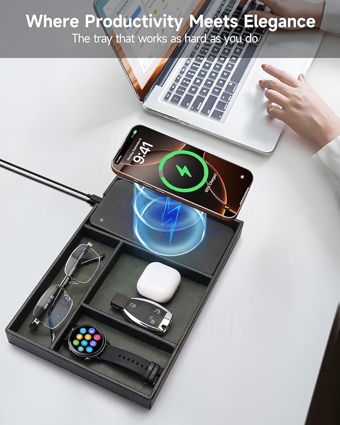 Valet Tray, Built in Wireless Charging Pad, Nightstand Organizer, Two-Toned - Image 3