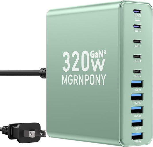 320W USB C Charger Block, 10-Port USB C Charging Station GaN III PD 65W PC by MGRNPONY