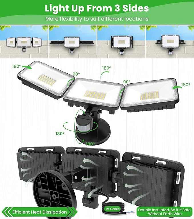 CLY 70W LED Security Lights Motion Sensor Light Outdoor, 6580LM 3 Head Motion - Image 5