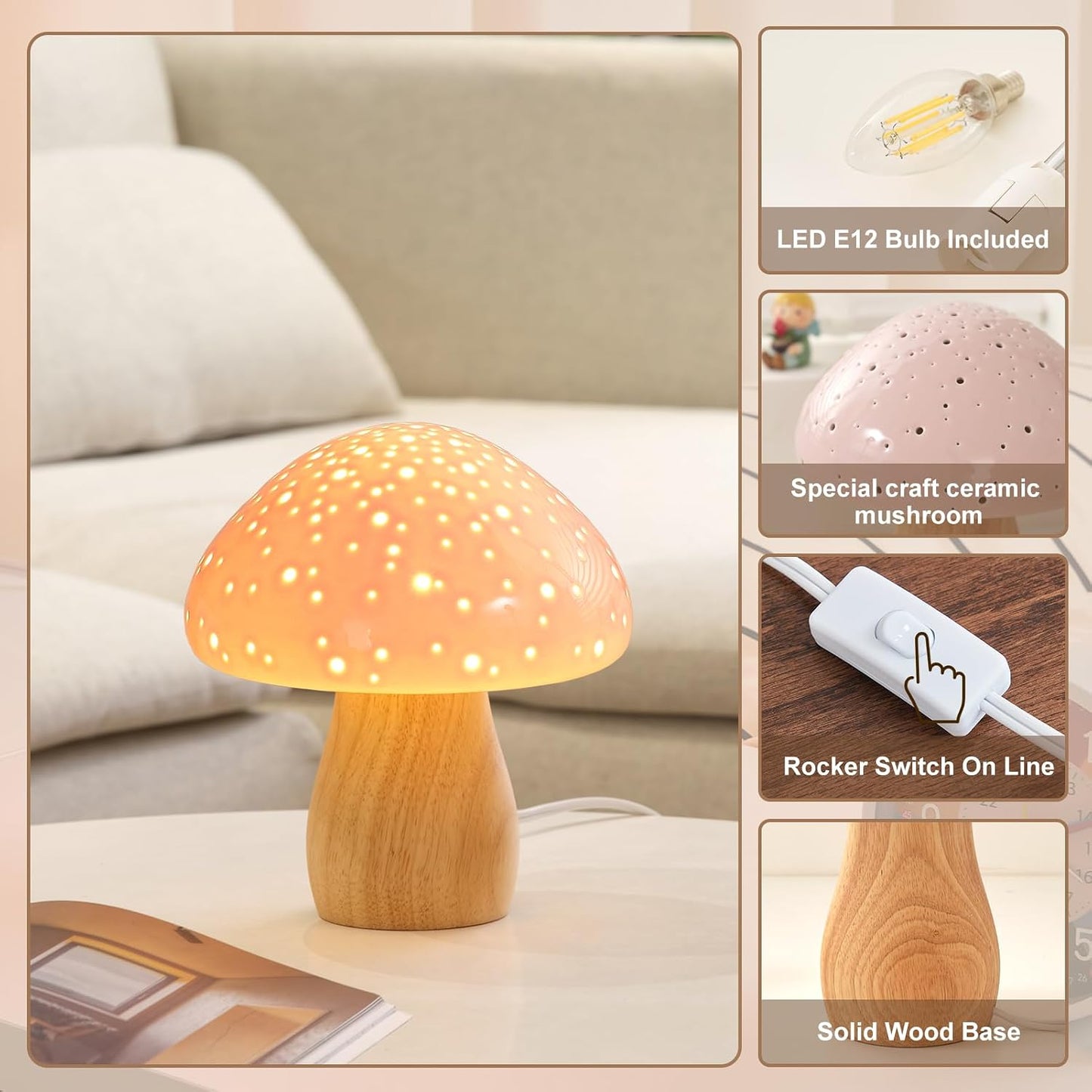 BOHON Mushroom Lamp Ceramic Bedside Table Lamp, Pink | Vintage Cute Night Light Small Aesthetic Nightstand Lamp for Living Room Bedroom Kids Desk Home Decor, LED Bulb Included