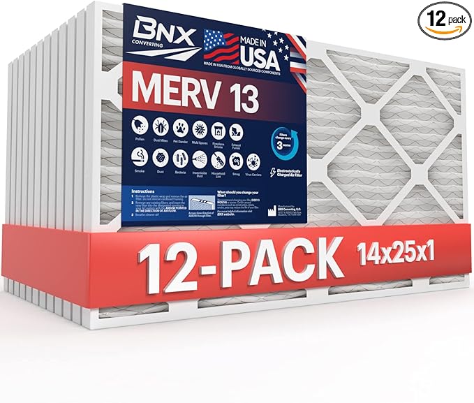 BNX 14x25x1 MERV 13 Air Filter 12 Pack by BNX