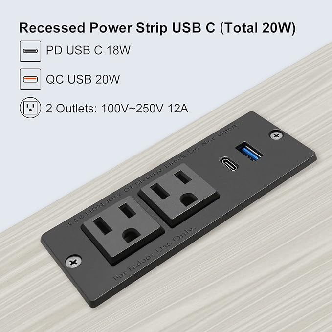 USB C Recessed Power Strip Fast Charge Desktop Power Station 2 Outlets 2 USB - Image 3