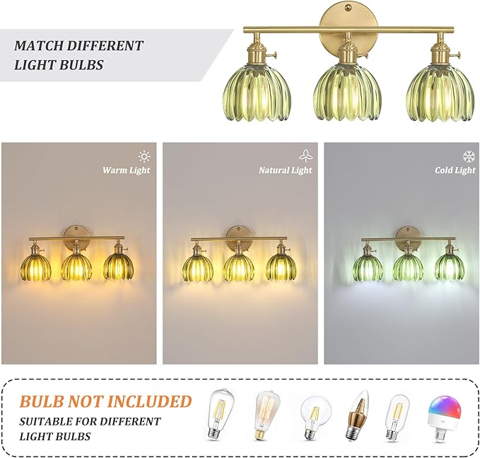 Shenmoyl Bathroom Light Fixtures, 3-Light Brass Vanity Wall Light Over Mirror - Image 3
