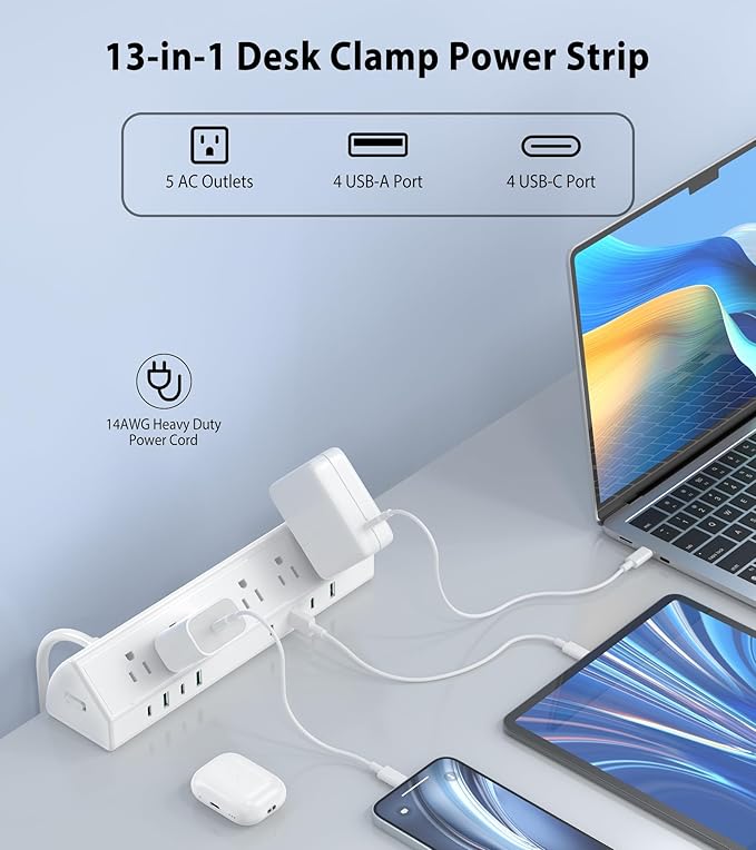 45W Fast Charging Station, Desk Clamp Power Strip, 4 PD USB-C Ports, 5 AC - Image 2