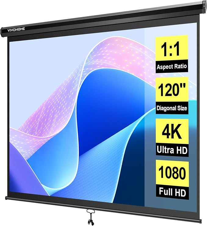 VIVOHOME 120 Inch 1:1 Pull Down Projector Screen, HD 4K Retractable Movie Screen by VIVOHOME