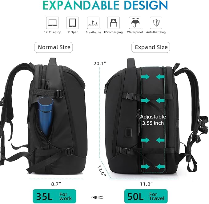 Travel Carry on Backpack 50L Expandable Flight Approved Backpacks 17.3 inch - Image 5