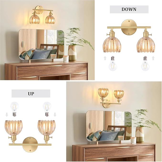 Shenmoyl Bathroom Light Fixtures, 2-Light Brass Vanity Wall Light Over Mirror - Image 6