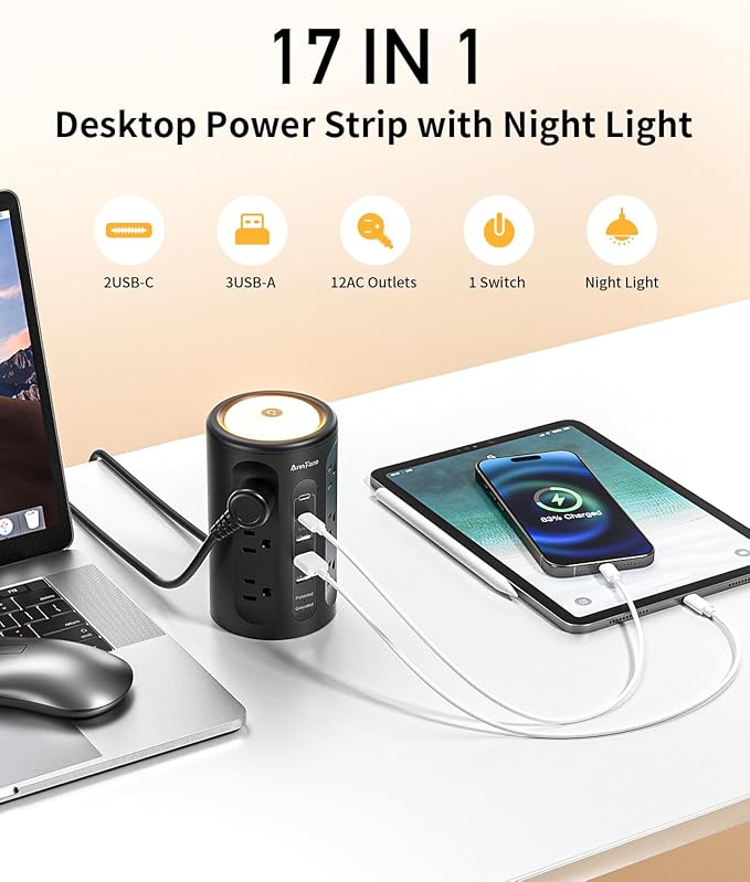 AnnTane Power Strip Tower with Night Light, Power Strip Surge Protector with - Image 2