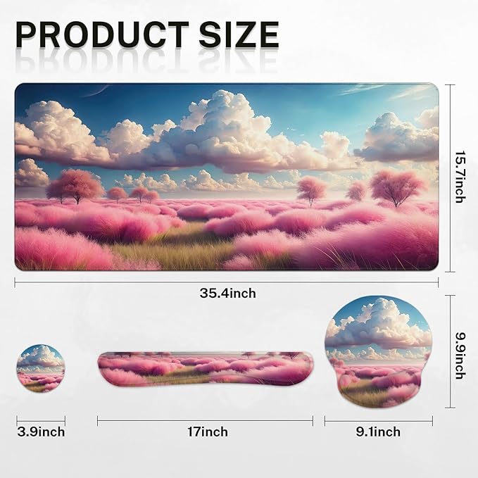 Britimes Dreamy Clouds Pink Plants Keyboard Mouse Pad Set 4in1 Large - Image 2