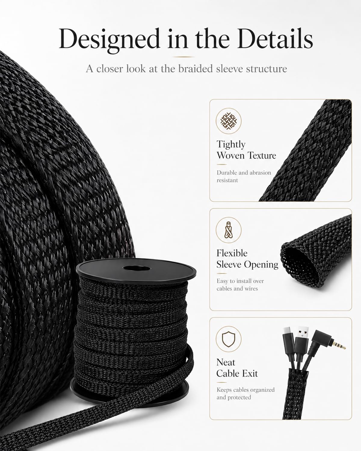 300 Feet - 1/4,1/2,3/8 Inch Braided Wire Loom PET Cable Loom Expandable Braided Sleeving Wire Sleeve for Automotive，TV, Computer, Home Theater, Black