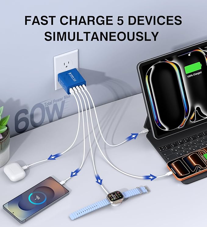 USB C Wall Charger, 60W USB C Charger Block 2-Pack 5-Port PD Fast Charging - Image 2