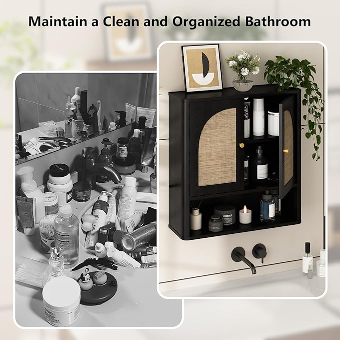 RUSTOWN Rattan Bathroom Wall Cabinet, Over The Toilet Storage Cabinets - Image 5