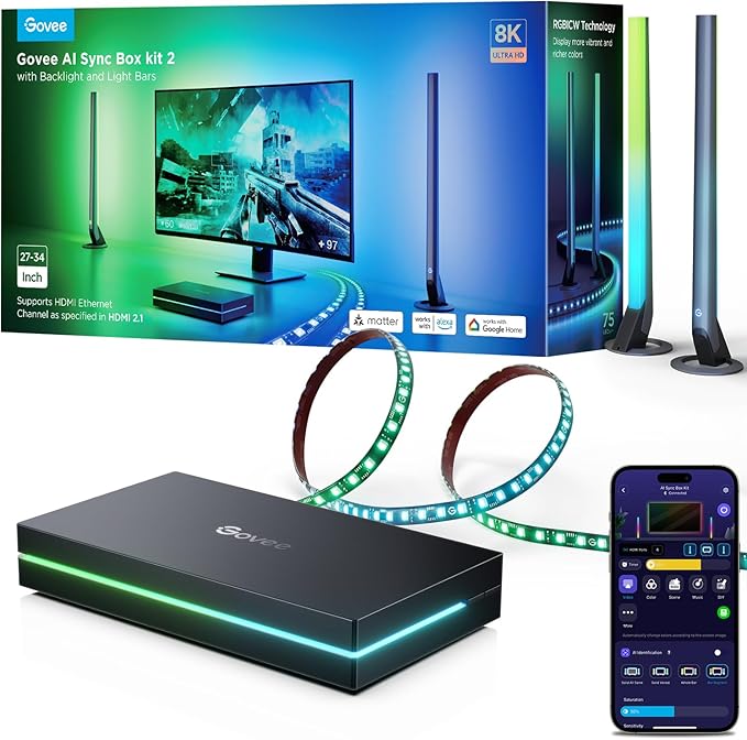 Govee HDMI 2.1 Sync Box Kit 2, Includes AI Sync Box, Light Bars, and Monitor by Govee