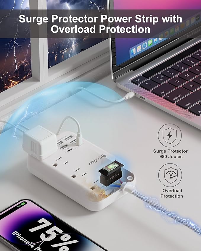 6 USB Surge Protector Power Strip- 15 Ft Extension Cord - Image 6
