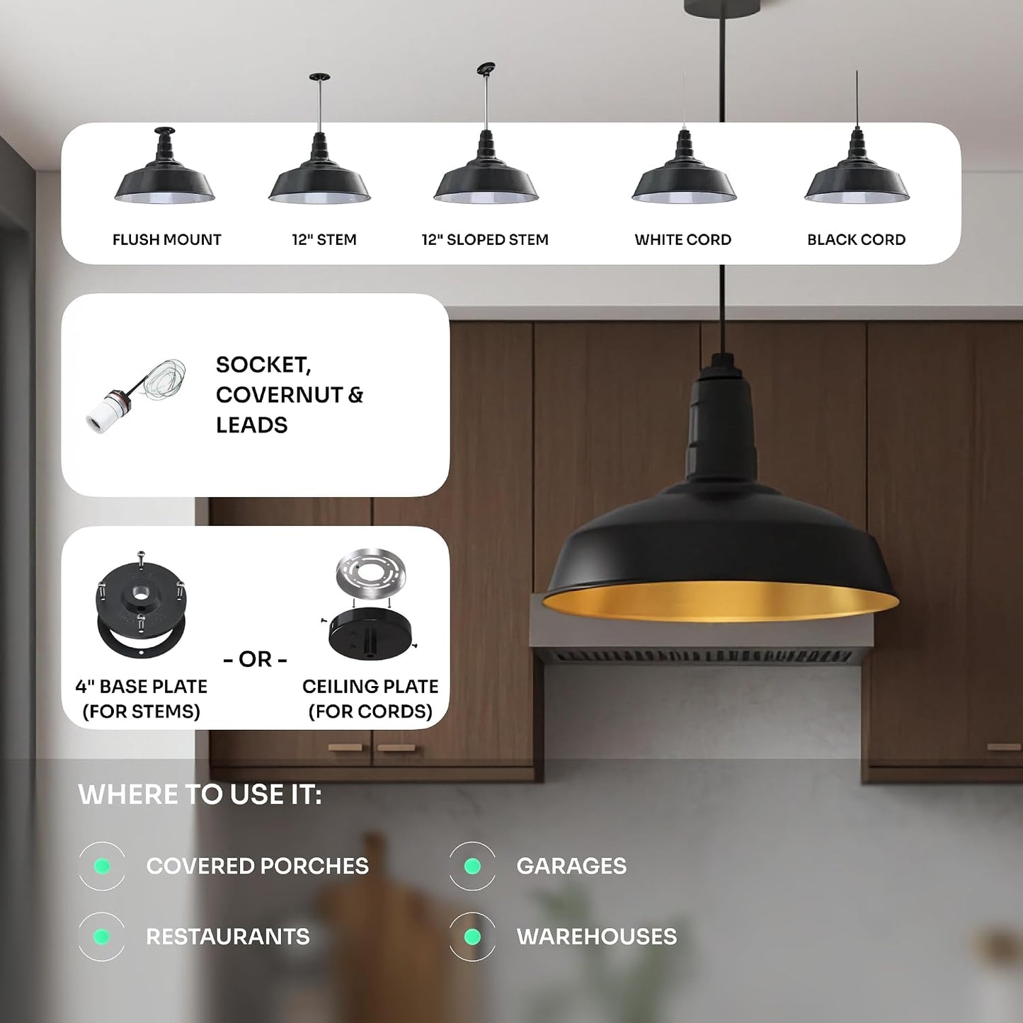 12" Stem Barn Light Pendant 16" Dome | Garage Workshop | Matte Black