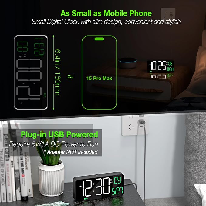 KOSUMOSU Digital Alarm Clocks for Bedrooms, 6.7in Black Small Digital Clock for - Image 2