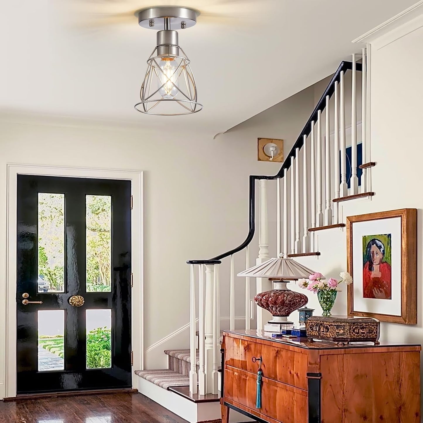 1 Light Semi Flush Mount Ceiling Light Fixture, Rustic Modern Framhouse Brushed Nickel Kitchen Ceiling Light with Metal Cage Shade for Foyer Kitchen Hallway Entryway Bedroom(1 Pack)