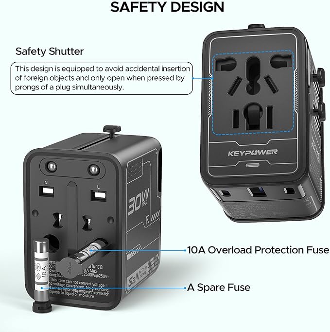 Universal Travel Adapter 30W GaN, KEY POWER All-in-One International Power - Image 7