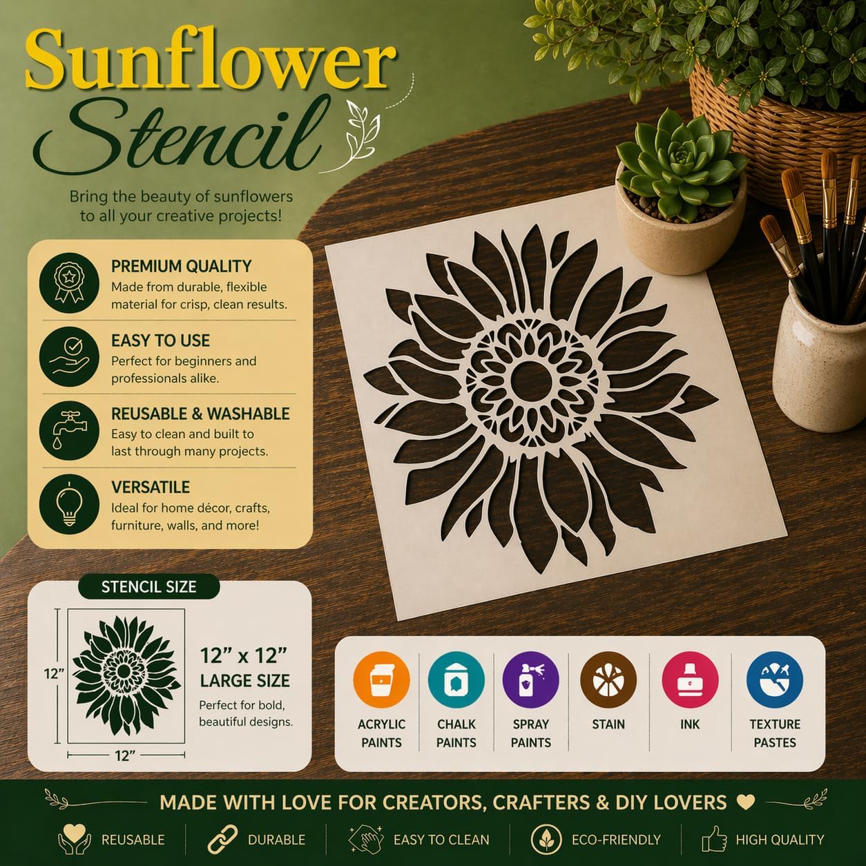 12x12 Inch Boho Sunflower Stencil for Painting on Wood, Canvas, Paper, Fabric and Furniture - Reusable Floral Craft Stencils - Large Flower Stencils - Wall Stencil for Painting Large Pattern