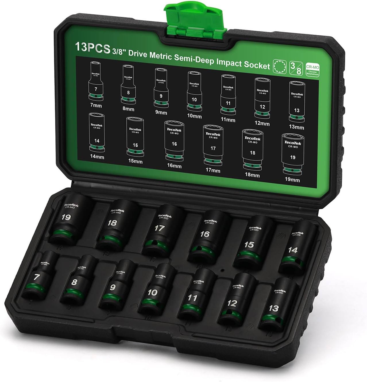 TecoTek 3/8-Inch Drive 12-Point Metric Semi-Deep Impact Socket Set, Mid-Length Socket Set, 7mm to 19mm, CR-MO, Stamped and Ink Filled Size Marking, 13-Piece