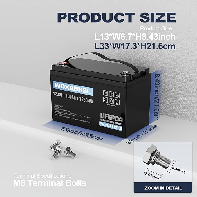WOXABHSL 2PCS 12V 100Ah LiFePO4 Lithium Battery, Built-in 100A BMS, 15000+ Deep - Image 2