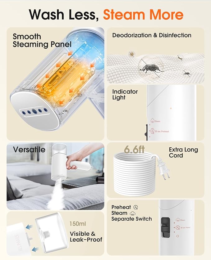 Handheld Steamer for Clothes, 1200W Foldable Travel Steamer, 20 Sec Preheat - Image 4