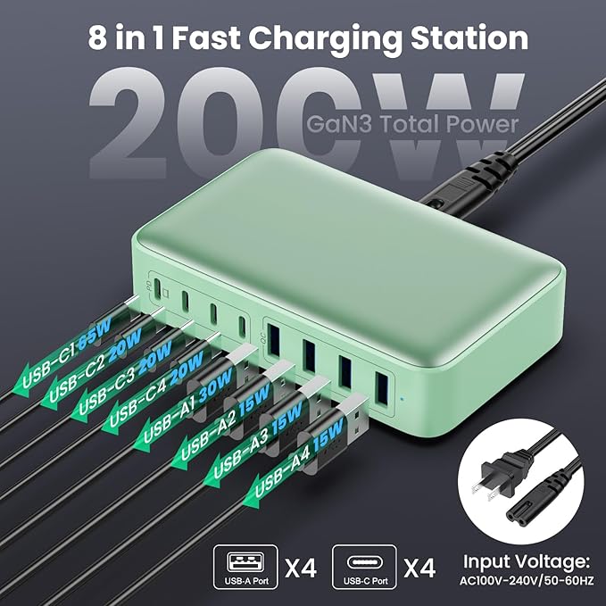 USB C Charger 200W USB C Charger Block GaN III 8-Port Fast Charging Station PD - Image 4