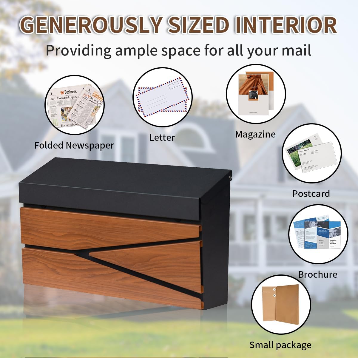 Ydocabinit Wall Mount Mailbox, Large Capacity Mailbox for House, Galvanized Steel Rust-Proof Metal Post Box Drop， Mailboxes for Outside, 15.74"×9.84"×4.33", Black Wooden Patterned Metal Sheet