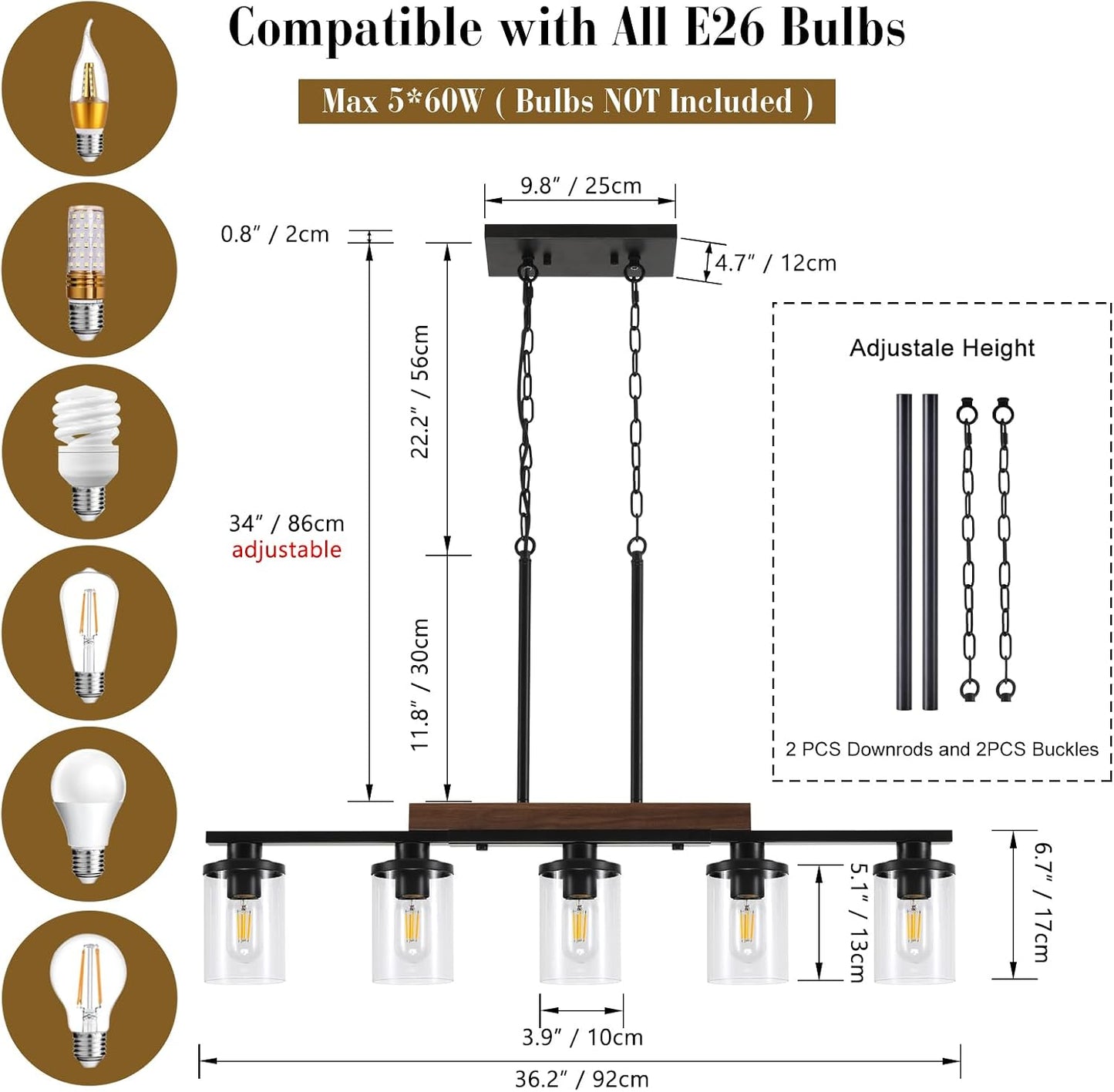 36.2‘’ Kitchen Lighting, 5-Light Dining Room Light Fixture Chandelier Over Table, Black Modern Rustic Wood Ceiling Pendant Light Fixtures, with Clear Glass Shade, Farmhouse Chandelier | 5‑Light Matte Black Pendant Lights,Wood Rustic Linear Kitchen Island