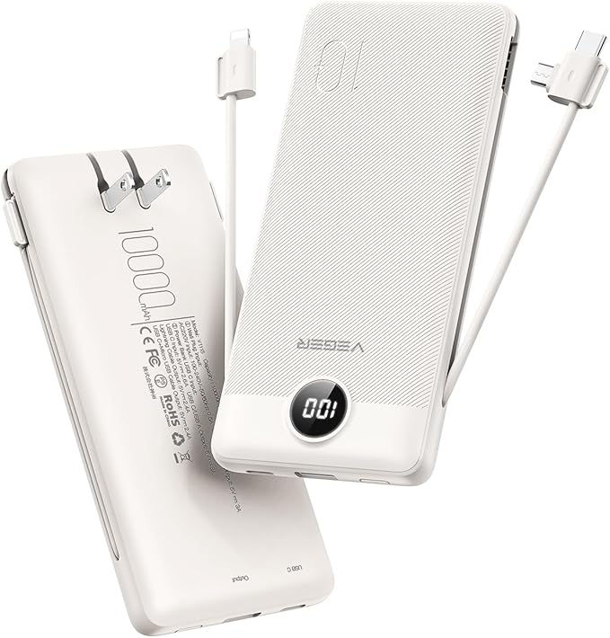 VEGER Portable Charger with Built-in AC Plug and Cables, All in One 10000mAh by VEGER