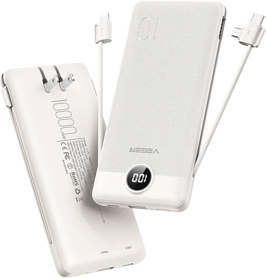 VEGER Portable Charger with Built-in AC Plug and Cables, All in One 10000mAh by VEGER
