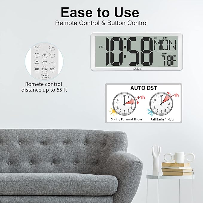 XREXS Digital Wall Clock with Backlight, 14.17 Inch Large Wall Clock with - Image 3