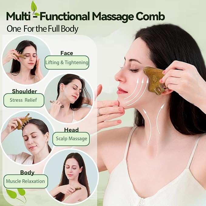 4-in-1 Wooden Gua Sha Tool for Face & Small Body, Scalp & Head Massage for - Image 2
