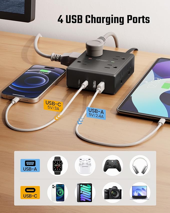 25Ft Long Extension Cord, Flat Plug Power Strip Surge Protector, 8 Outlet 4 USB - Image 4