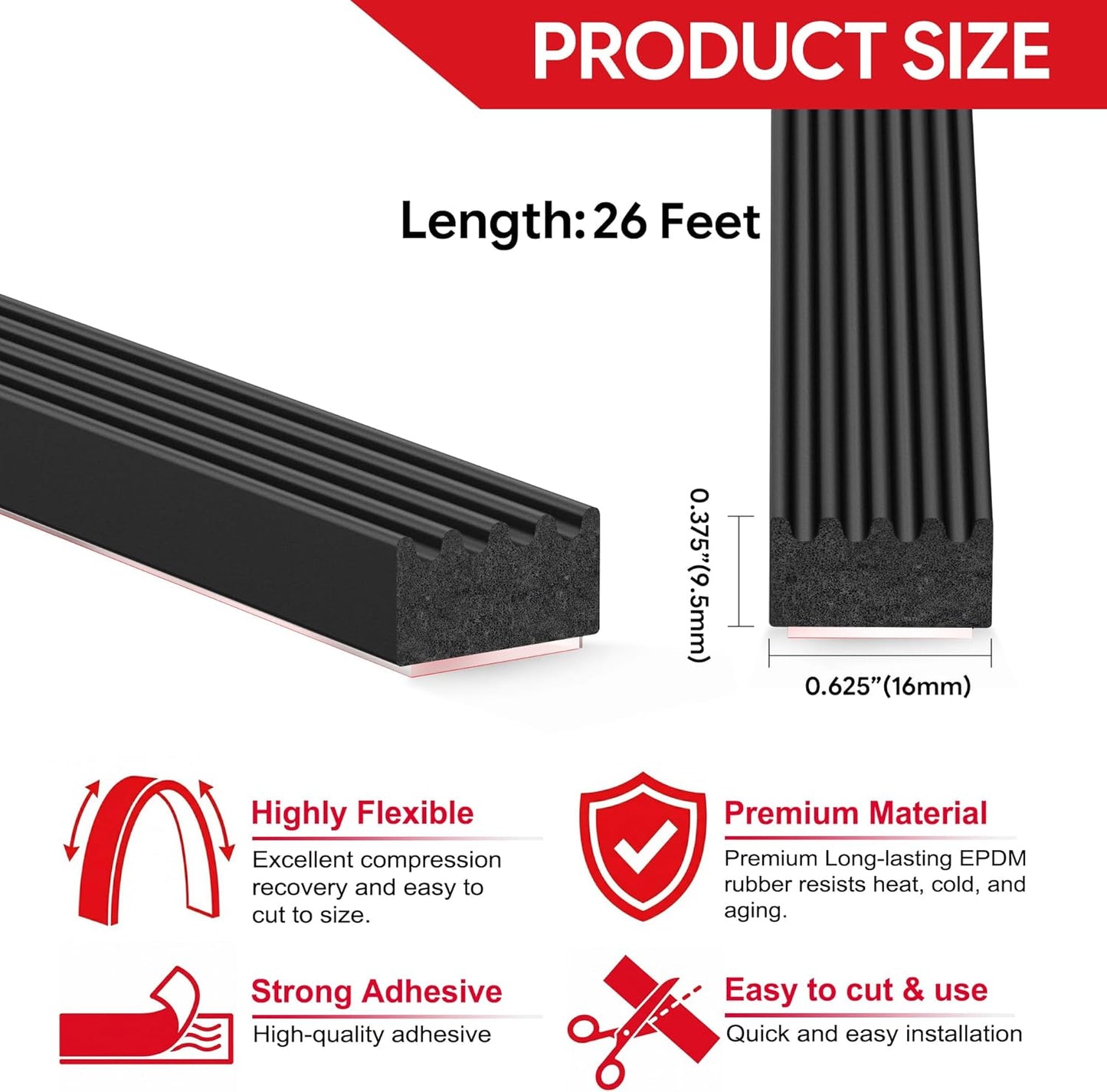 UIOCSSC 26Ft EPDM Rubber Weather Stripping Foam RV Door Seal Self-Adhesive Marine Hatch & RV Door Seal, Automotive Weatherstrip for Enclosed Trailer, Boat, Truck Bed & Home, W:0.625"; H:0.375"