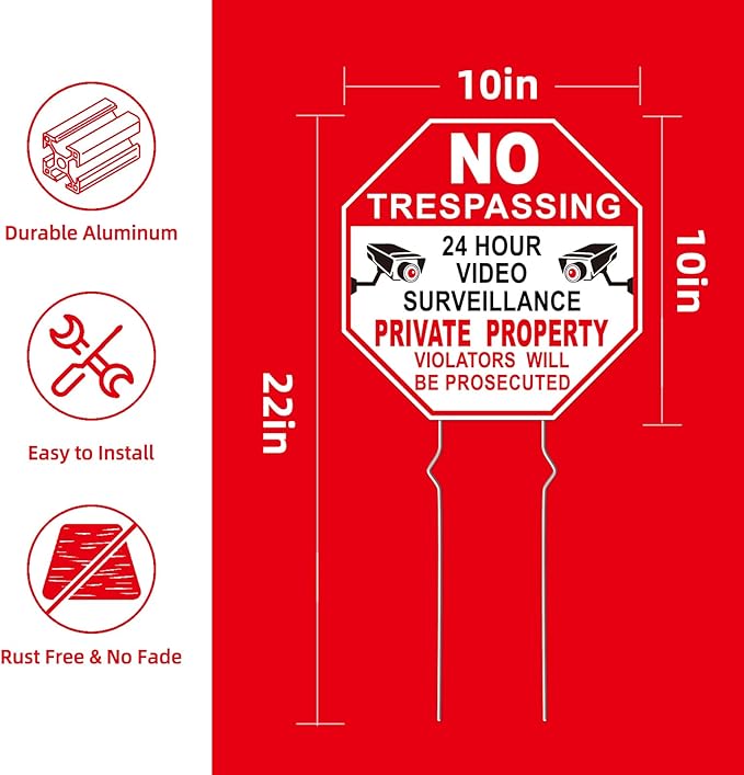 NO Trespassing Signs Private Property Video Surveillance Sign, Large 4-Pack - Image 2