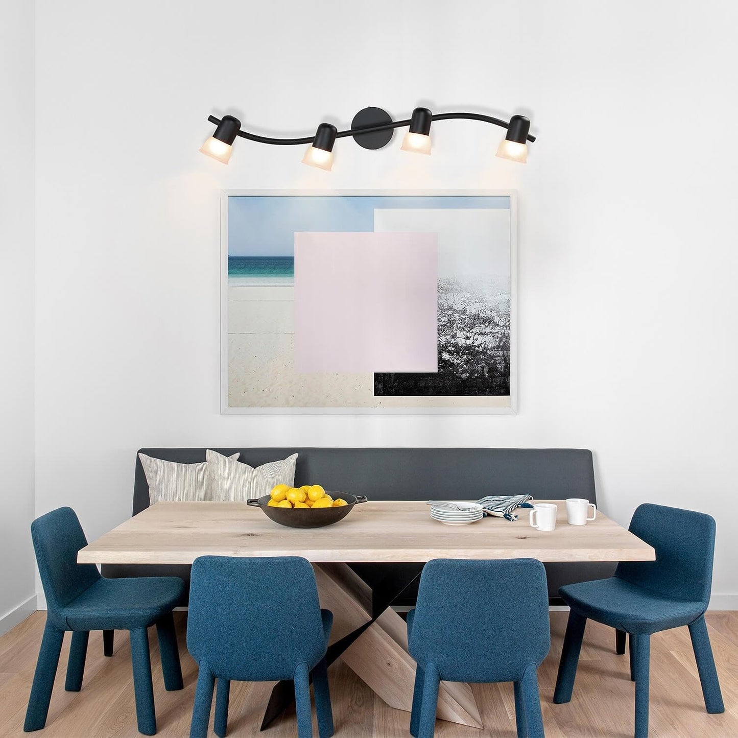 XiNBEi Lighting Black Track Lighting Kit with Glass for Bathroom, 4 Light | Curved Ceiling Spot Light, E26, S-Shaped Bar, Adjustable Head, Ceiling Light Fixture, For Kitchen Sink & Bathroom Hallway