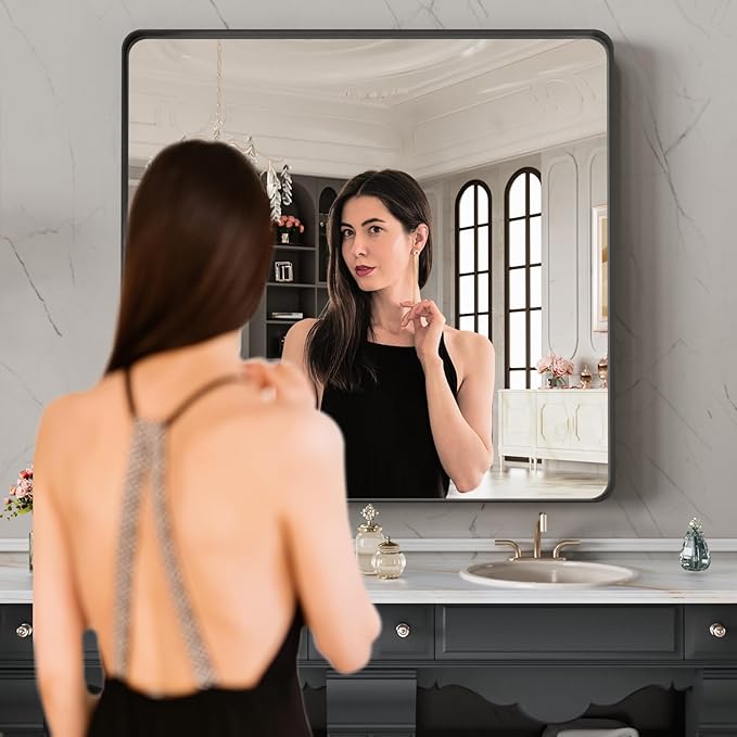 LOAAO 32X32 Inch Black Metal Framed Bathroom Mirror - Image 2