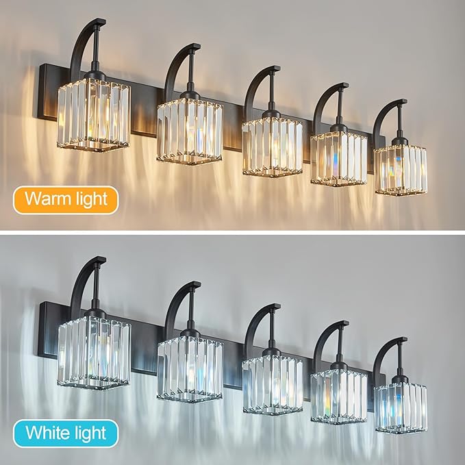 FDPBY 5-Light Crystal Vanity Light, Modern Black Bathroom Wall Sconce - Image 3