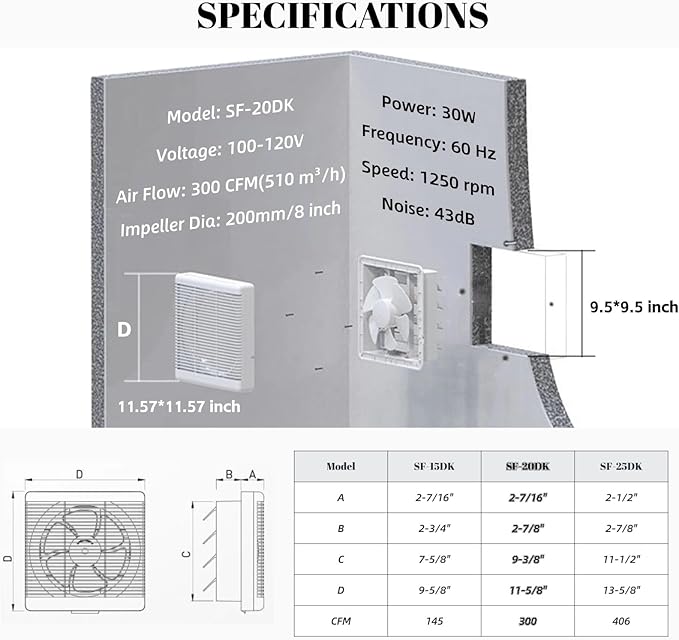 SAILFLO 8 Inch Window Shutter Exhaust Fan, 9.5 x 9.5 Inch Cutout, 300CFM 30W - Image 6