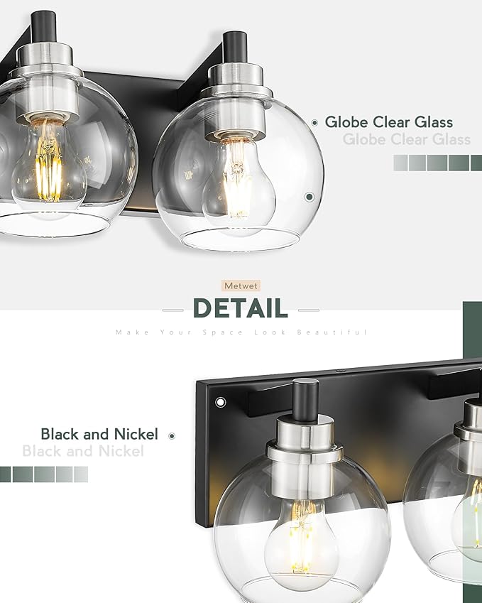METWET Bathroom Light Fixtures, 3-Light Black and Brushed Nickel Bathroom - Image 2