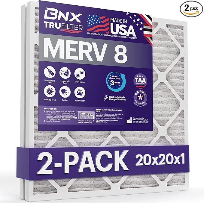 BNX 20x20x1 MERV 8 Air Filter 2 Pack by BNX