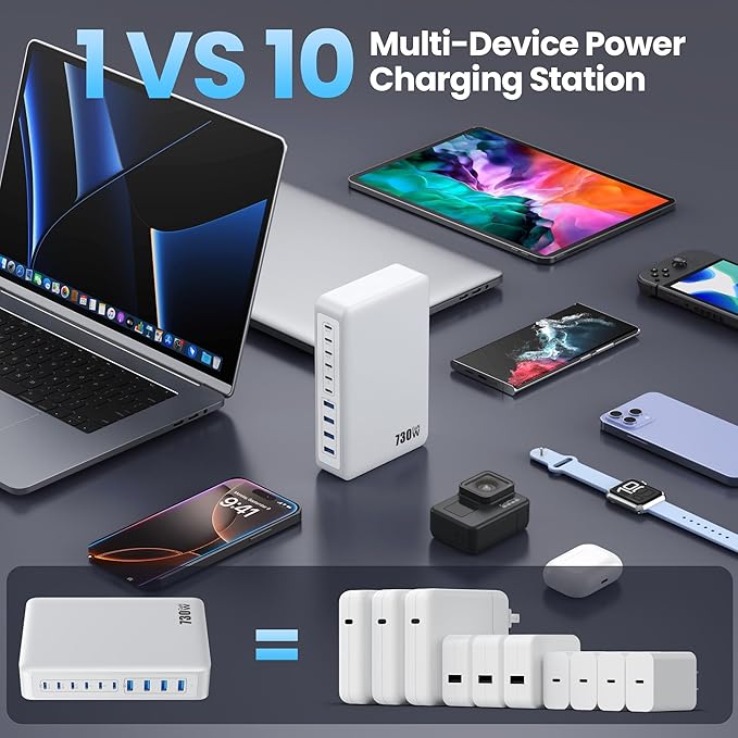730W USB C Charger Block, 10-Ports GaN V Fast Charging Station Hub, QC4.0+Three - Image 4